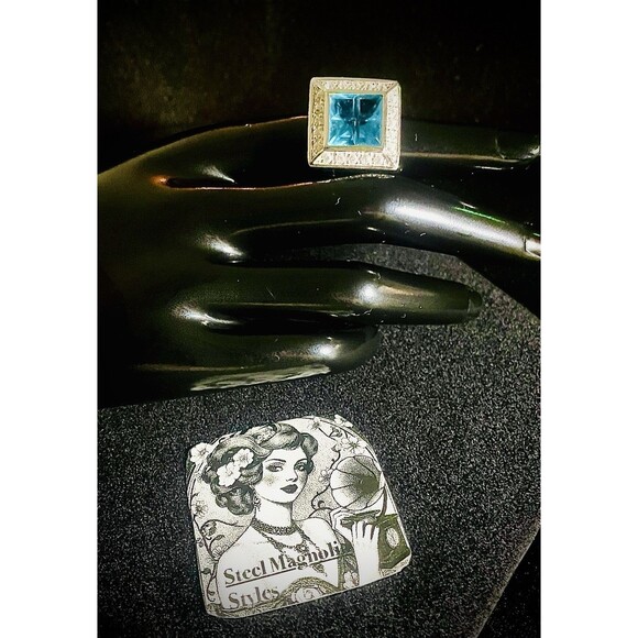 Vintage Signed Prime Art & Jewel Etched Aquamarine Sterling Silver Ring Sz 6 - Picture 1 of 6